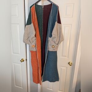 Multi-Color Colorblock Long Open Cardigan Sweater